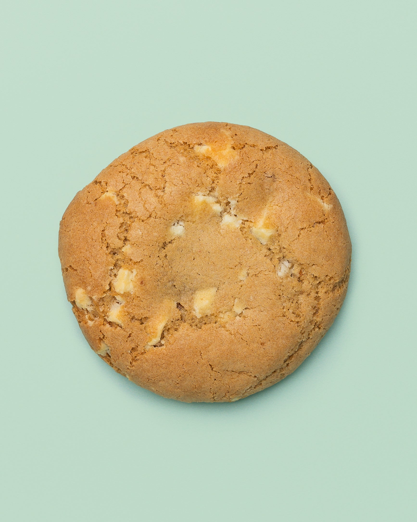 Close-up image of a Stuffed Biscoff Cookie with a golden-brown exterior, cracked top, and creamy Biscoff spread oozing from the center.