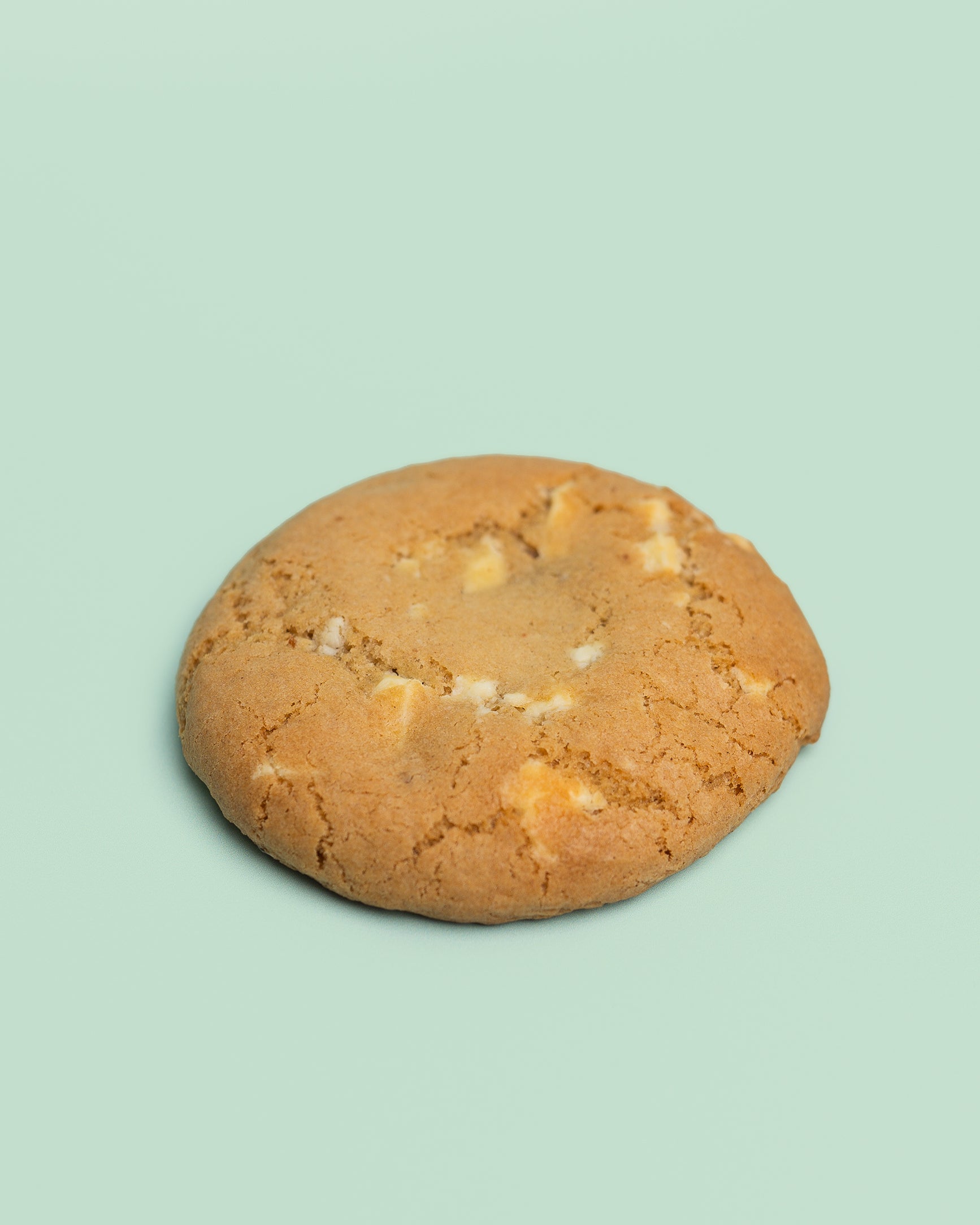 Close-up image of a Stuffed Biscoff Cookie with a golden-brown exterior, cracked top, and creamy Biscoff spread oozing from the center.